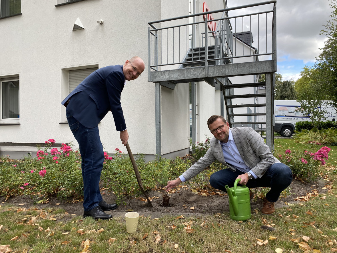 Ralph Brinkhaus (links) und Raphael Tigges pflanzten den Baumsetzling an der Kreisgeschäftsstelle.